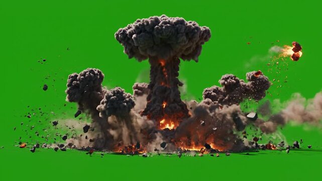 Nuclear explosion, fireball, smoke, and ash, green screen background, destruction, disaster, chaos