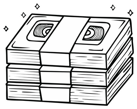 Stack of vintage video cassettes with wrapping paper