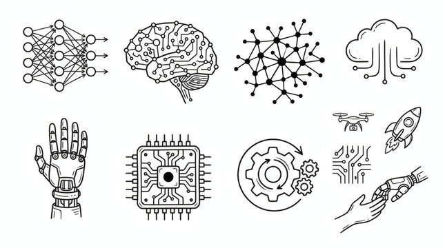 Set of hand drawn artificial intelligence illustrations. Clean doodle drawings of neural networks, robotic hands, microchips, connected nodes, automation symbols, digital brains, and futuristic techno