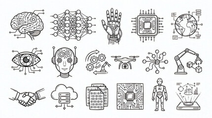 Obraz premium Set of hand drawn artificial intelligence illustrations. Clean doodle drawings of neural networks, robotic hands, microchips, connected nodes, automation symbols, digital brains, and futuristic techno
