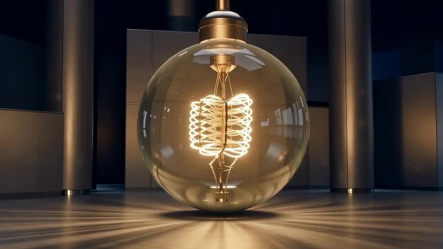 Vintage edison light bulb with a glowing filament hanging and swinging in a modern dark interior, illuminating the floor with beautiful rays of light and casting shadows