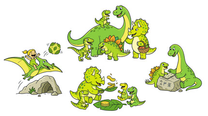 Happy cartoon dinosaurs with kids having fun in nature, educational illustration © tempe