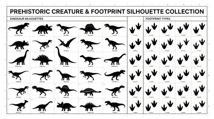 Prehistoric Dinosaur Silhouettes and Footprint Collection © tempe