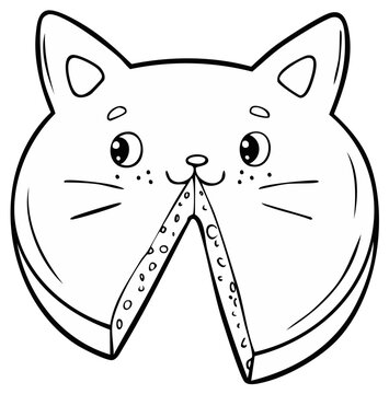 Cute cartoon cat face formed by cheese with a slice missing drawing
