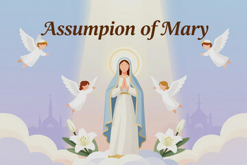 Naklejka premium An illustration depicts the Assumption of Mary surrounded by angels, with churches in the background.