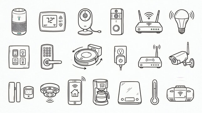 Set of hand drawn smart home technology illustrations. Clean doodle drawings of connected appliances, smart speakers, thermostats, security cameras, lighting controls, home automation devices 