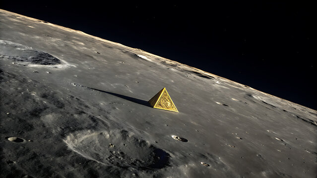 Gold triangle on the surface of the moon in space