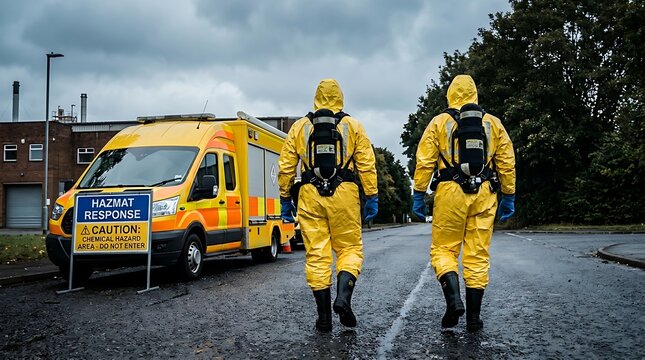 Two emergency responders wearing yellow hazmat suits near medical