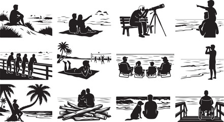 Obraz premium People enjoying beach and ocean scenes, silhouettes at sunset and daytime isolated on white background, Vector
