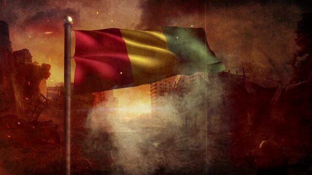 Guinea Flag with Cinematic Apocalypse Scene and Burning City