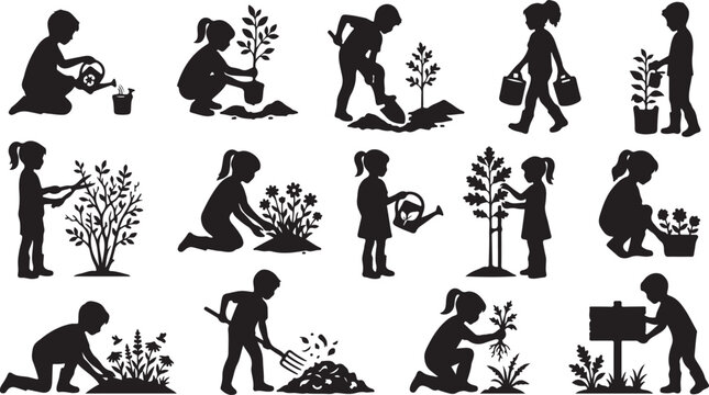 Children planting and gardening silhouettes: watering plants, digging, and planting trees isolated on white background, Vector