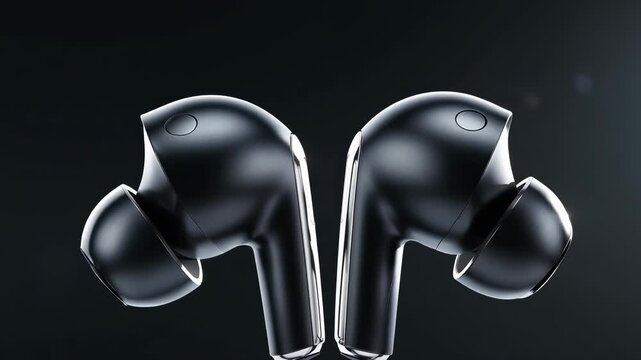 Pair of black wireless earbuds with bluetooth technology slowly rotating on a reflective dark background, showcasing its sleek design and advanced acoustic features