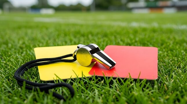 Soccer referee cards and whistle on grass field game foul