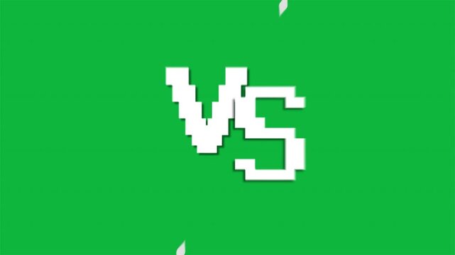 Pixel art retro versus vs text with white flash light transition on green screen background, perfect for gaming, battle, and competition transitions. Alpha Channel. 4k video