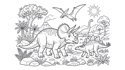Dinosaur coloring page, prehistoric landscape with triceratops, stegosaurus, brontosaurus, pterodactyl © udin