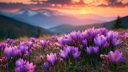 Obraz premium Purple Flowers Sunrise Over Mountain Landscape