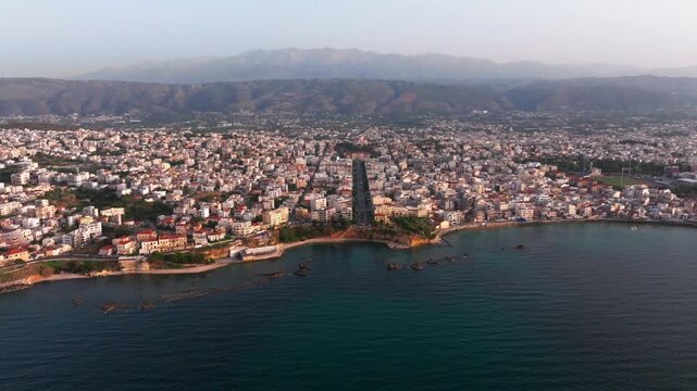 Beautiful Old city, Greece and best scenic places - panorama of picturesque old town Chania. Crete island, Panoramic of the old Venetian port and lighthouse during the blue hour, Travel Concepts