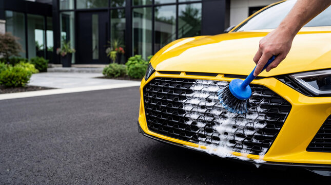 Man washing yellow car grille with brush and soap. Professional mobile vehicle detailing service. Exterior maintenance and deep cleaning of luxury automobile at home or residential driveway.