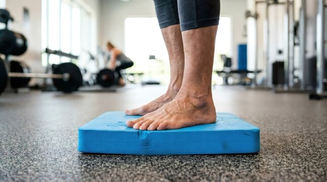 Man standing on blue foam balance pad in gym. Fitness training for stability and core strength. Athlete working on physical therapy recovery and proprioception. Exercise equipment concept.