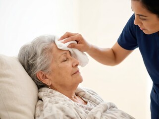 Fototapeta premium Caregiver wipes forehead of senior woman with cloth. Nurse attending to elderly patient lying in bed. Support, comfort, medical assistance and healthcare service in home or hospice care.
