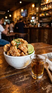 Crispy pork rinds in a white bowl with a lime wedge and a shot of cacha&ccedil;a on a rustic wooden table in a traditional Brazilian bar or pub setting with blurred background
