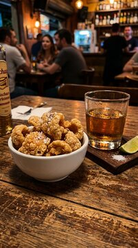 Traditional Brazilian bar snack of crispy pork rinds torresmo served with a glass of cacha&ccedil;a or whiskey and lime on a rustic wooden table in a cozy pub setting