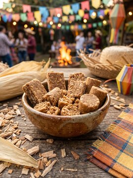 Traditional Brazilian peanut candy called Pa&ccedil;oca in a rustic bowl on a wooden table during a festive Festa Junina celebration with a bonfire and colorful flags