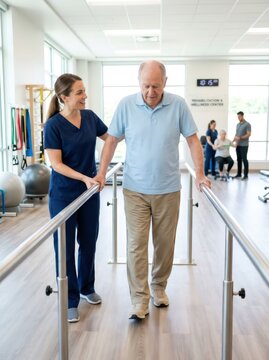 Physiotherapist supporting old man walking between parallel bars in rehabilitation clinic. Senior patient therapeutic exercise for recovery and mobility. Healthcare support and wellness.