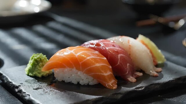 Fresh salmon, tuna, and sea bream nigiri sushi assortment with wasabi on a dark slate platter, a perfect presentation of japanese cuisine in a traditional restaurant