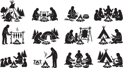 Native american camp scenes vector art set isolated on white background, Vector © Shammi