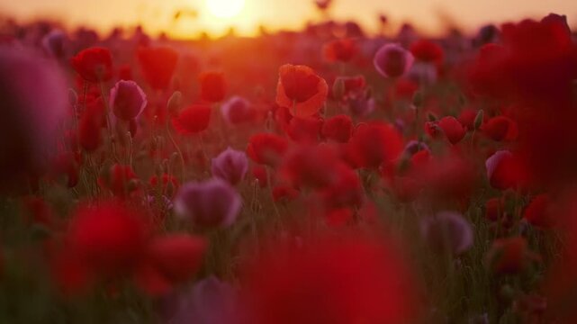 Red poppy field at sunset. Atmospheric landscape with blooming flowers in rural meadow, 4k