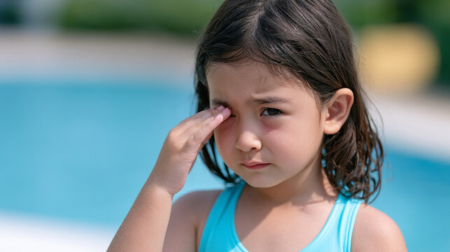 Little Girl Rubbing Irritated Red Eyes After Swimming in Pool