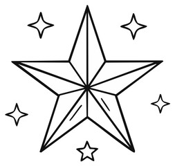 Obraz premium Hand-drawn outline of a five-pointed star surrounded by smaller stars and sparkles