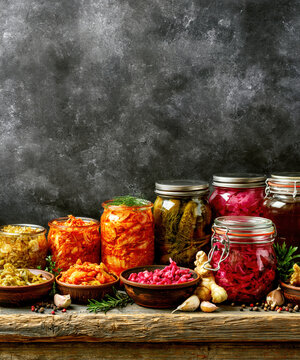 Assorted Fermented Vegetables and Pickled Foods in Glass Jars. AI generative.
