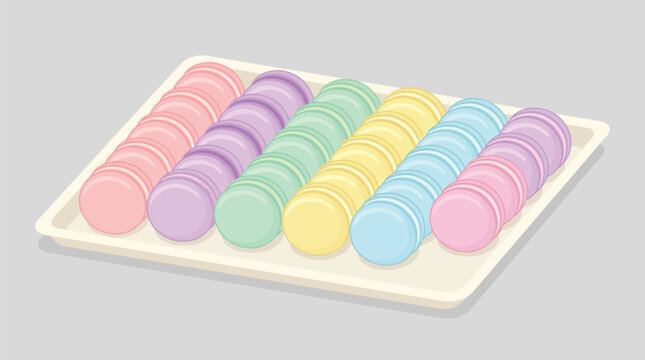 Colorful rows of delicious french macaroons arranged neatly on a rectangular white serving tray in a clean vector illustration style