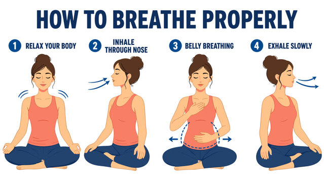 Breathing exercise infographic showing seated woman poses with inhale exhale guidance for wellness yoga meditation stress relief health education poster wellness program poster training