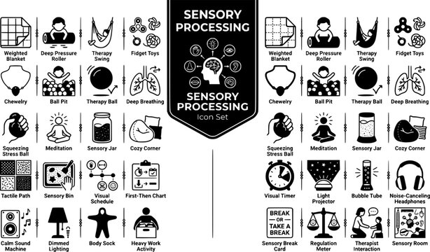 Sensory Processing Icon Set Sensory Room Calming Tools Tactile Activities Visual Schedules Auditory Aids Breaks Regulation Therapy Setup Vector Illustration