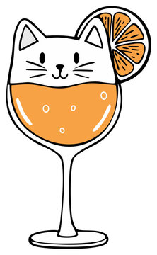 Playful feline cocktail drawing orange garnish refreshing beverage whimsical line art kitty cat in a glass