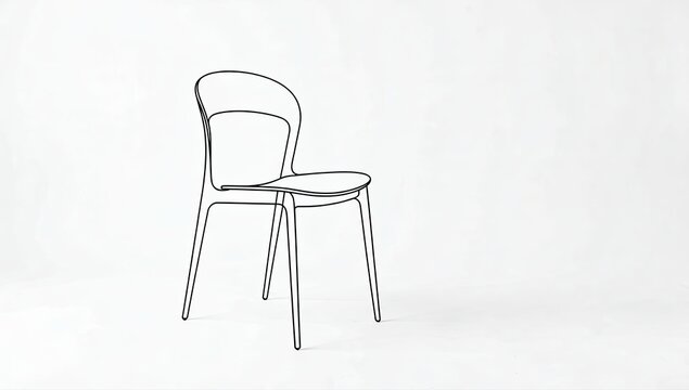 Minimalist single black outline of modern dining chair isolated on plain white studio background wall.