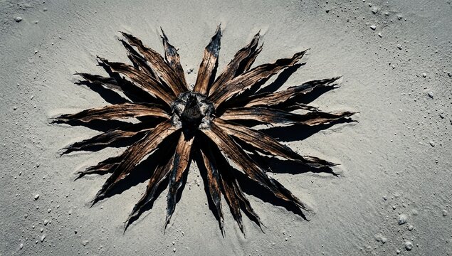 Dried agave succulent plant leaves arranged in a star pattern on dry sandy desert ground surface view.