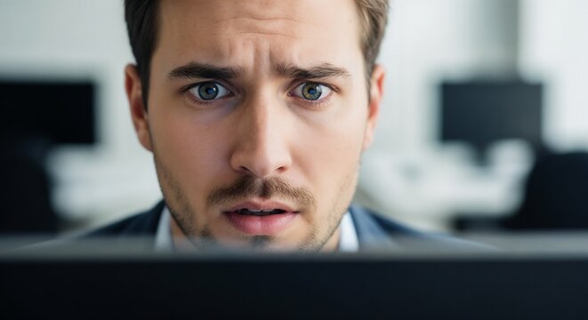 Confused office worker staring at computer screen with puzzled expression and focused eyes. Office scene capturing tension and uncertainty in workplace environment.