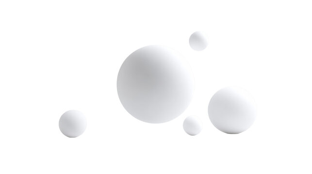 Minimal white abstract scene with floating spheres and tiny toy car in spacious studio