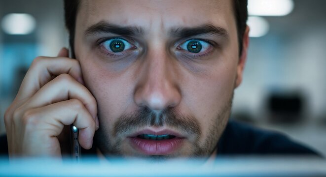 Desperate employee on phone with shocked expression staring at computer screen. Stressful workplace situation creates tension and urgency in communication while managing tasks.