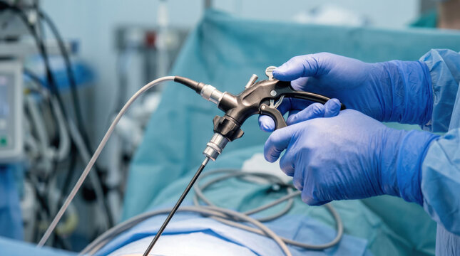 Surgical team using laparoscopic in operating room with sterile equipment