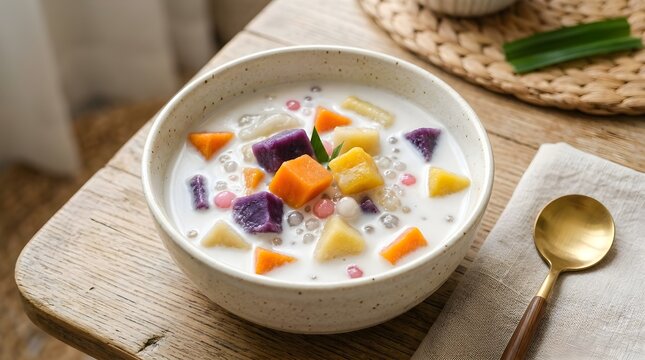 Bowl of bubur cha cha indonesian sweet dessert soup with colorful tubers and coconut milk on wooden table surface.