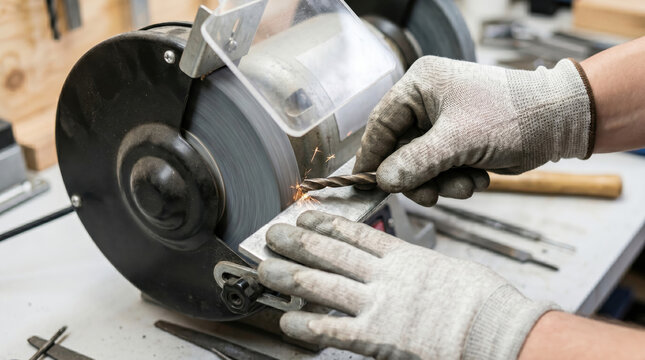 Man sharpening tool with grinding machine in workshop setting  