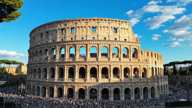 The colosseum in rome, italy, a large ancient amphitheater with many tourists