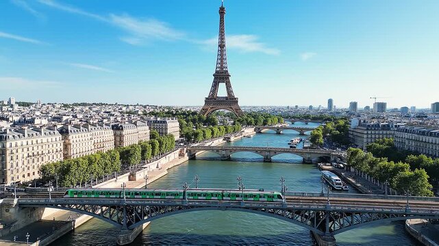 Eiffel tower standing tall over the seine river in paris on a sunny day with blue sky