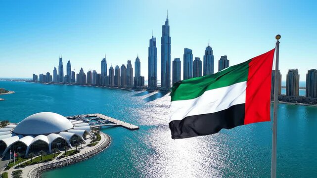 United arab emirates flag waving in front of dubai city skyline and water