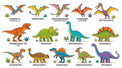 Set of Cute Cartoon Dinosaurs and Pterosaurs, Vector Illustration © Varel